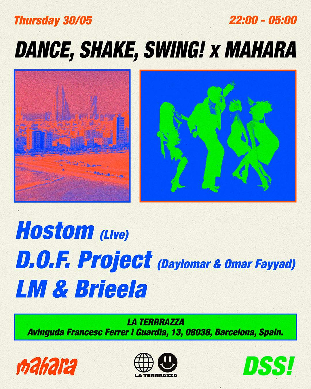Dance Shake Swing x Mahara pres. Hostom (live), Daylomar, Omar Fayyad, LM & Brieela - Página frontal