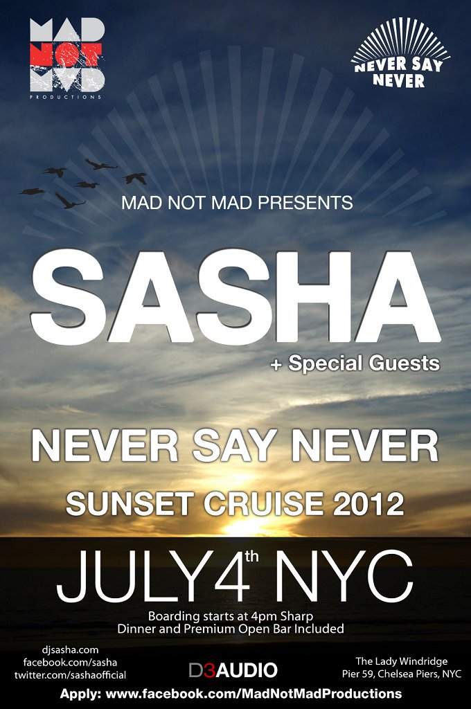 Mad Not Mad presents Sasha Never Say Never Sunset Cruise - Página frontal