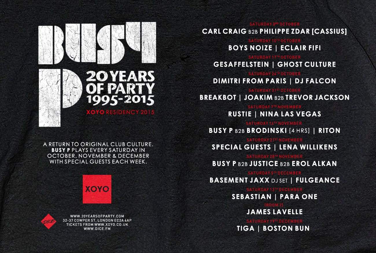 Busy P - 20 Years of Party: Justice + Erol Alkan + Room 2: Tessellate - フライヤー表