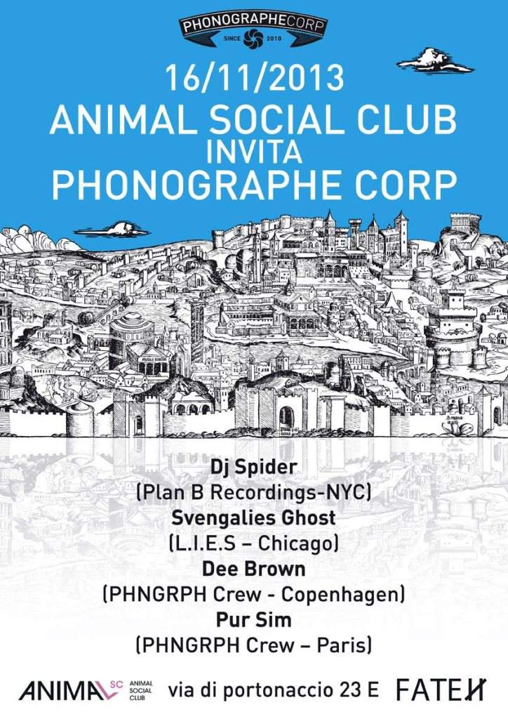 Animal Social Club Meets Phonographe Corp With: DJ Spider b2b Fabio Della Torre, Svengalisghost - Página frontal