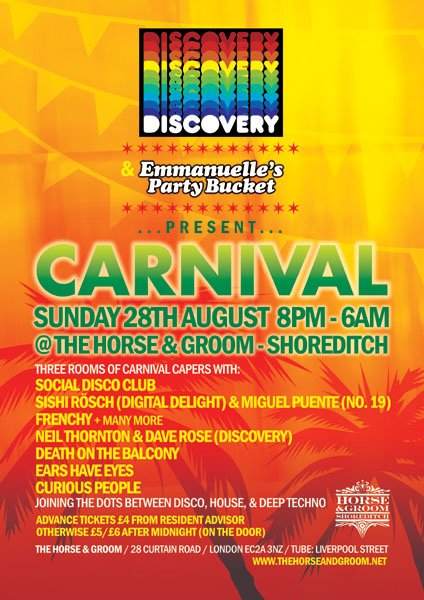 Discovery & Emmanuelle Party Bucket's Carnival with Social Disco Club, Miguel Puente & Sishi Rosch - フライヤー表