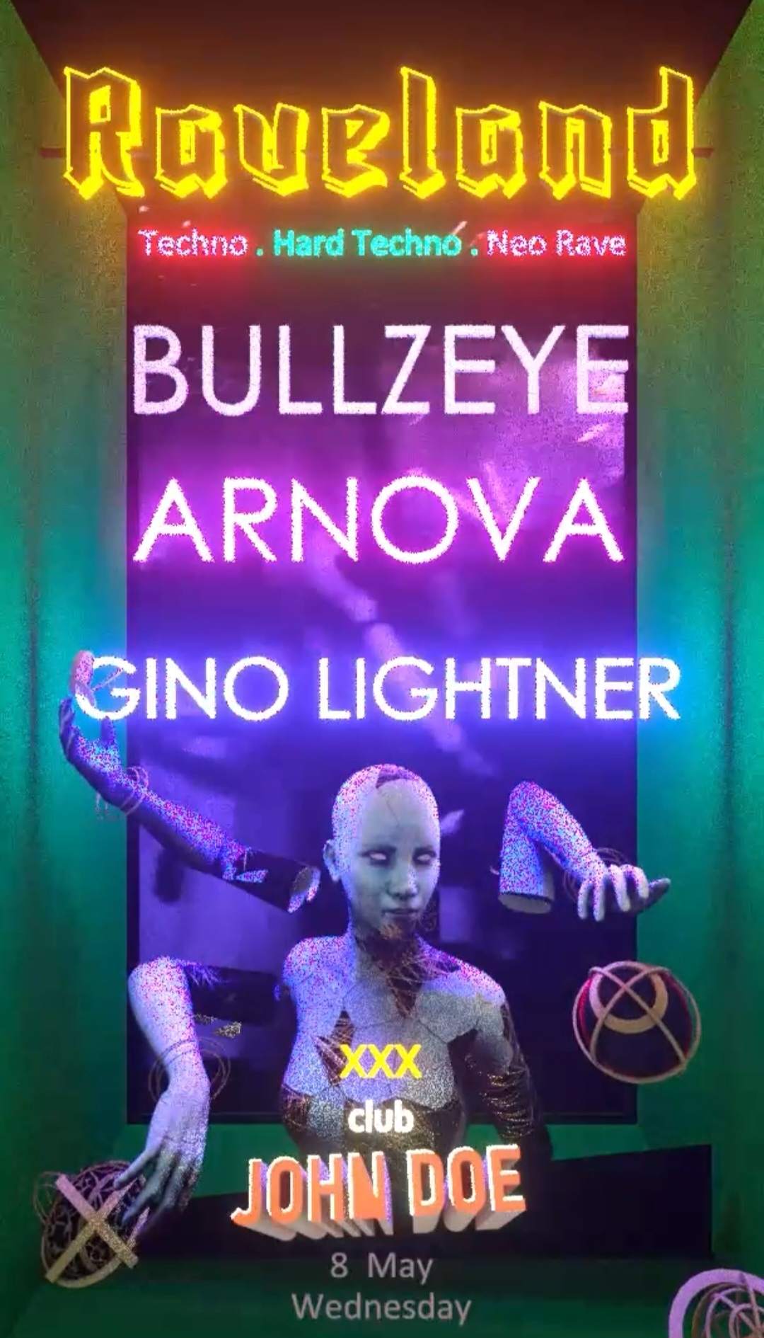 RAVELAND: Hard Techno Rave with Bullzeye (IND), Arnova (IND), Gino Lightner (USA) - フライヤー表