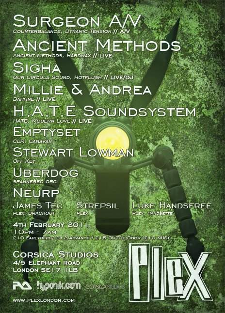 Plex - Surgeon A/v, Ancient Methods, Sigha, Millie & Andrea, H.A.T.E Soundsystem, Emptyset - フライヤー裏
