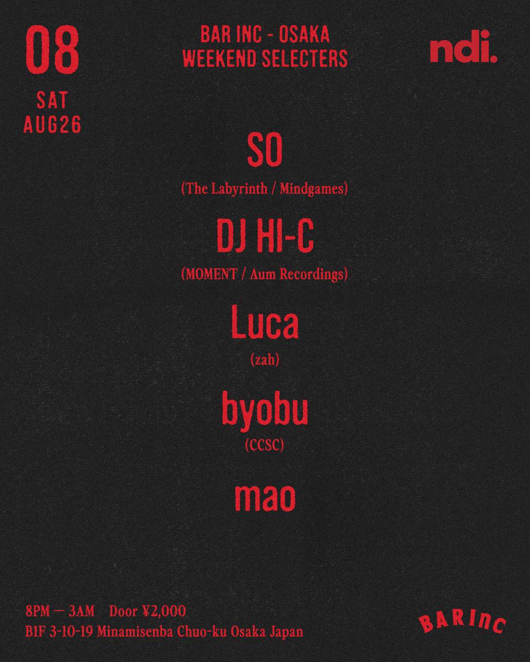 WEEKEND SELECTERS at BAR Inc, Osaka