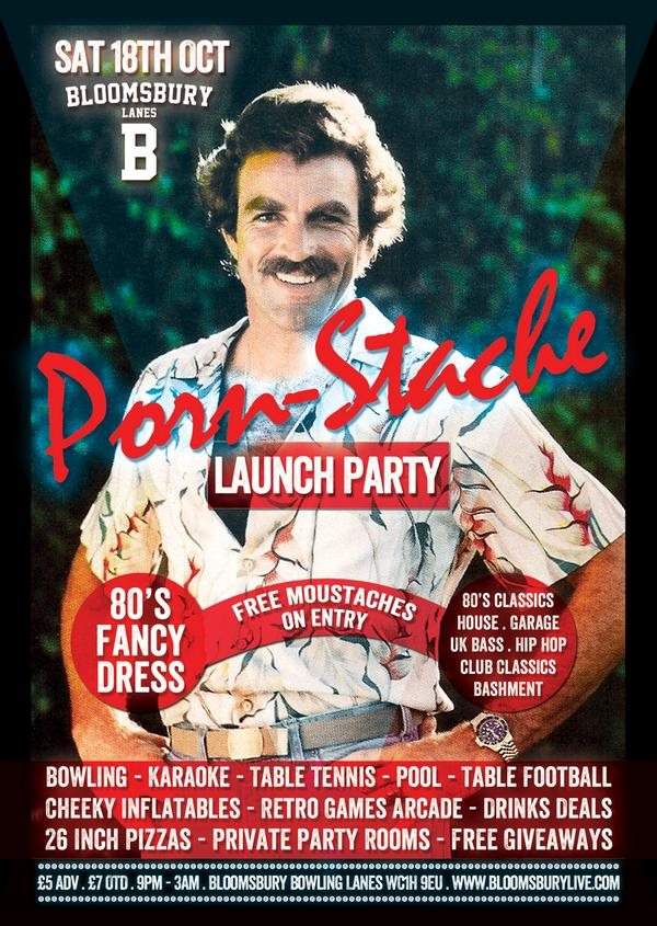 80s Porn Ads - Porn-Stache Launch Party - Free Moustaches & 80s Fancy Dress at Bloomsbury  Bowling Lanes, London