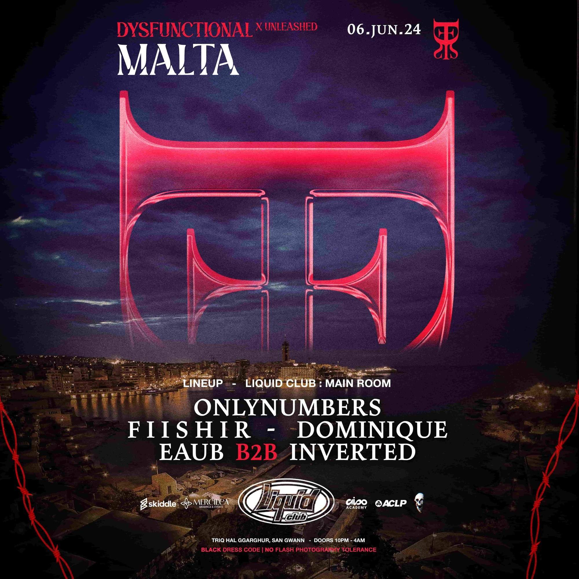 Unleashed X Dysfunctional MALTA - Pres: ONLYNUMBERS - フライヤー表