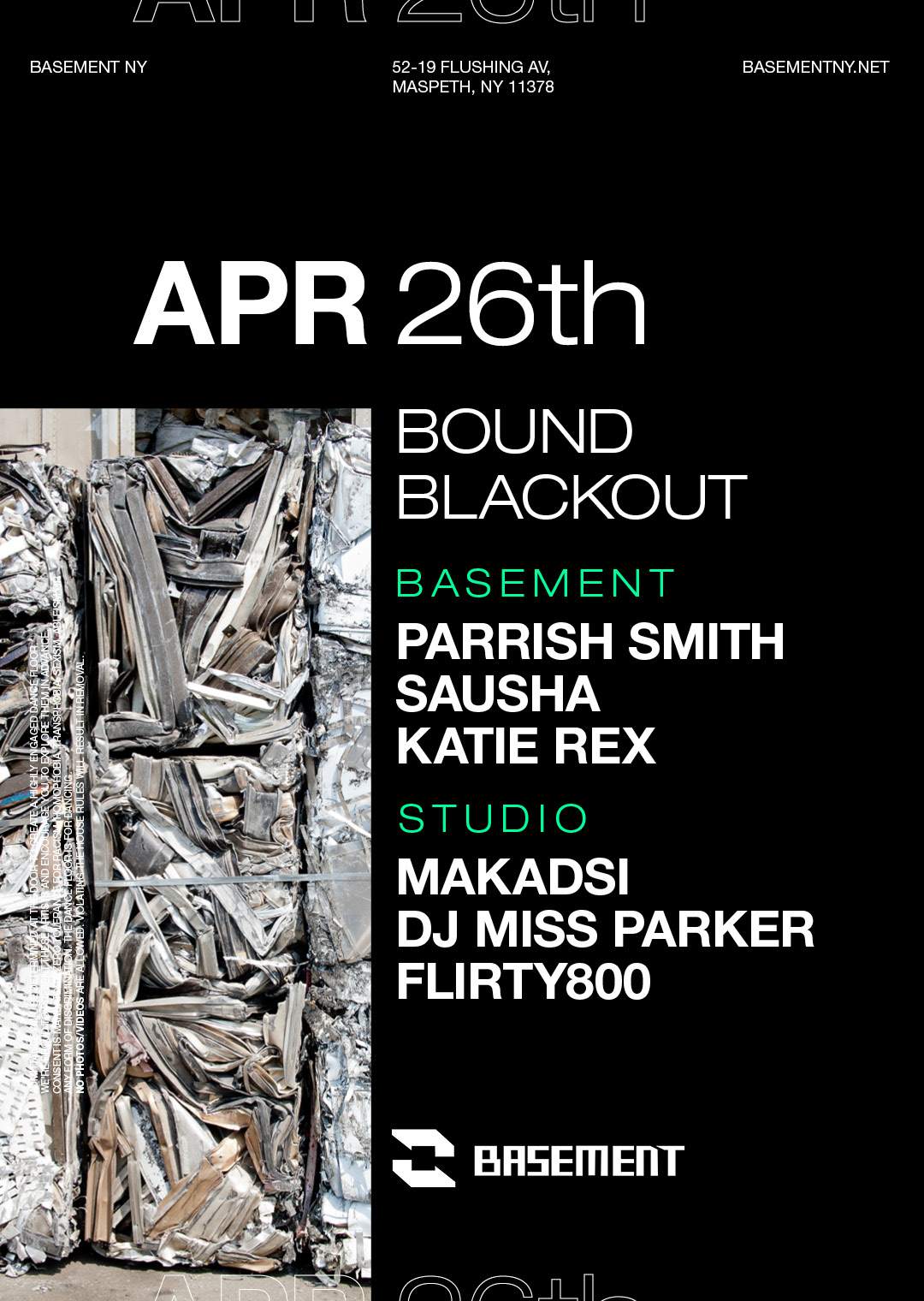 BOUND Blackout: Parrish Smith / Sausha / Katie Rex / Makadsi / DJ Miss Parker / flirty800 - フライヤー表