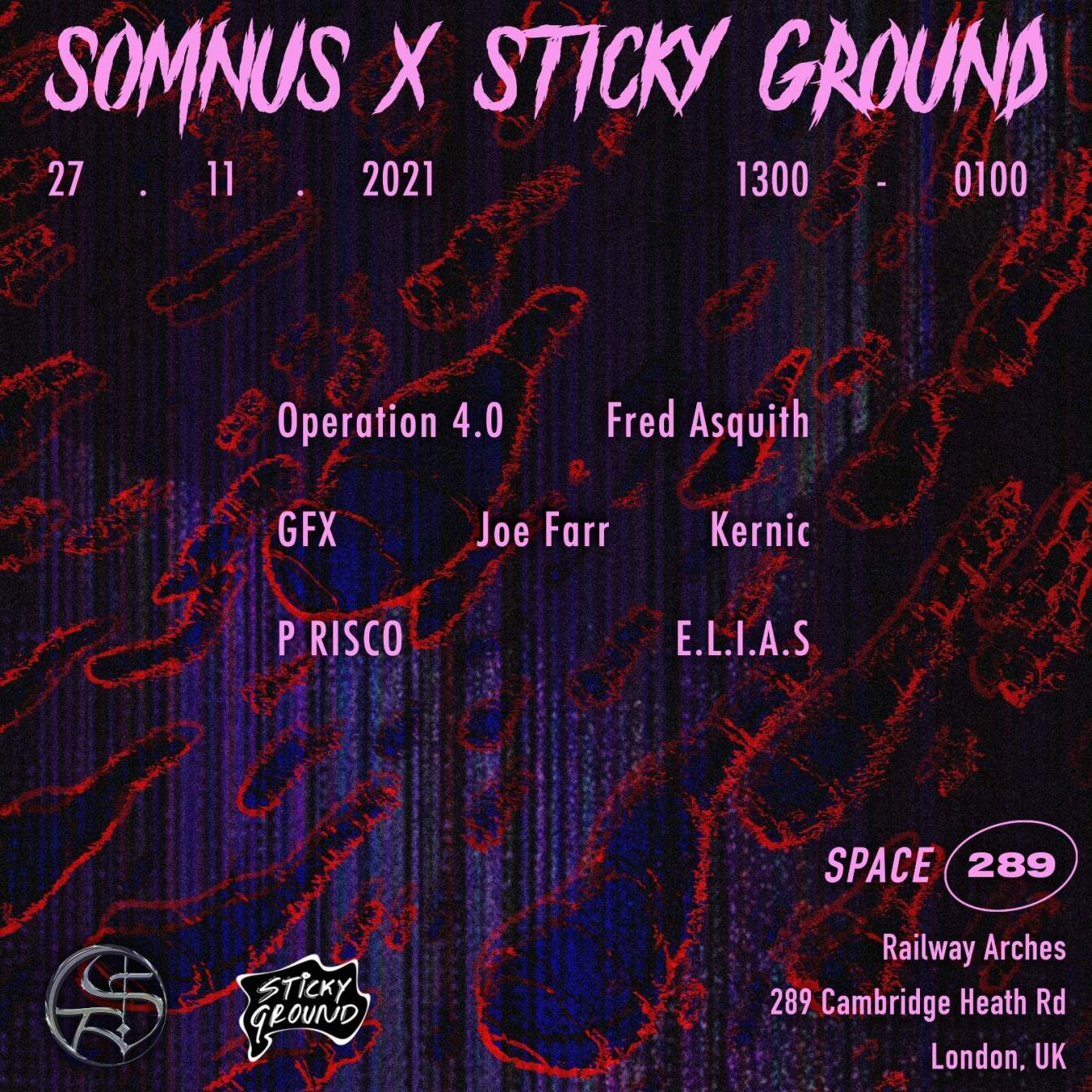 Somnus Day Party // 5 Years of Sticky Ground with JoeFarr, Kernic, Fred Asquith & More - フライヤー裏
