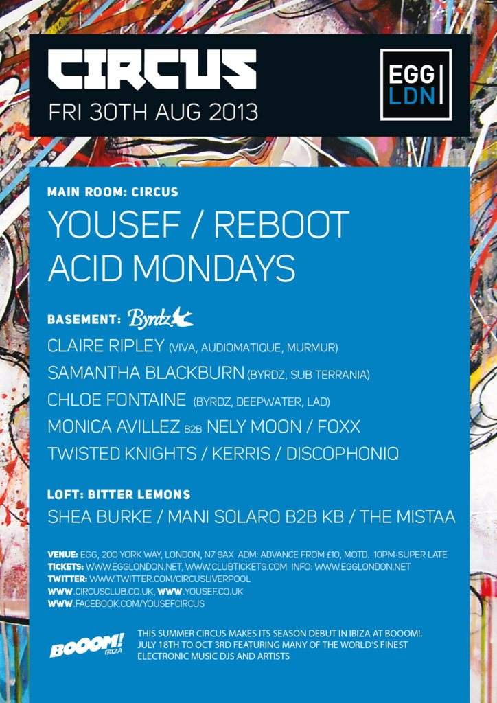 Circus with Reboot, Yousef, Acid Mondays, Claire Ripley, Byrdz - フライヤー裏
