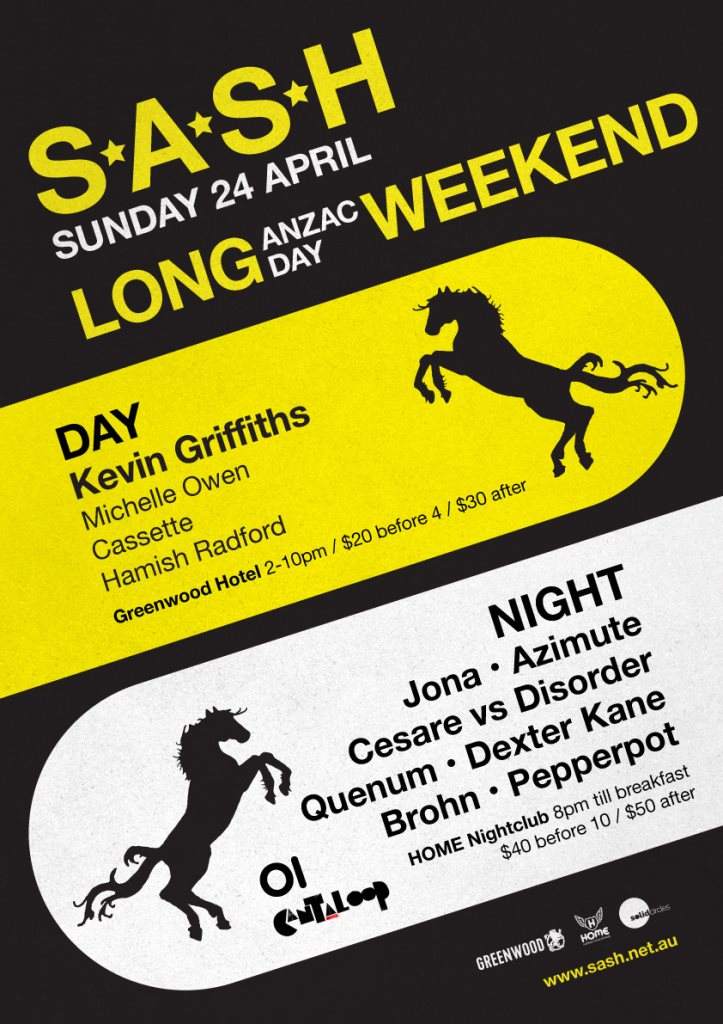 S.A.S.H Anzac Day Long Weekend - Kevin Griffiths - Azimute - Cesare vs Disorder - Quenum - Brohn - フライヤー表
