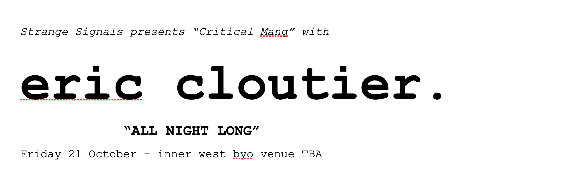 Strange Signals presents 'Critical Mang!' with Eric Cloutier (Detroit/Berlin) - Página frontal