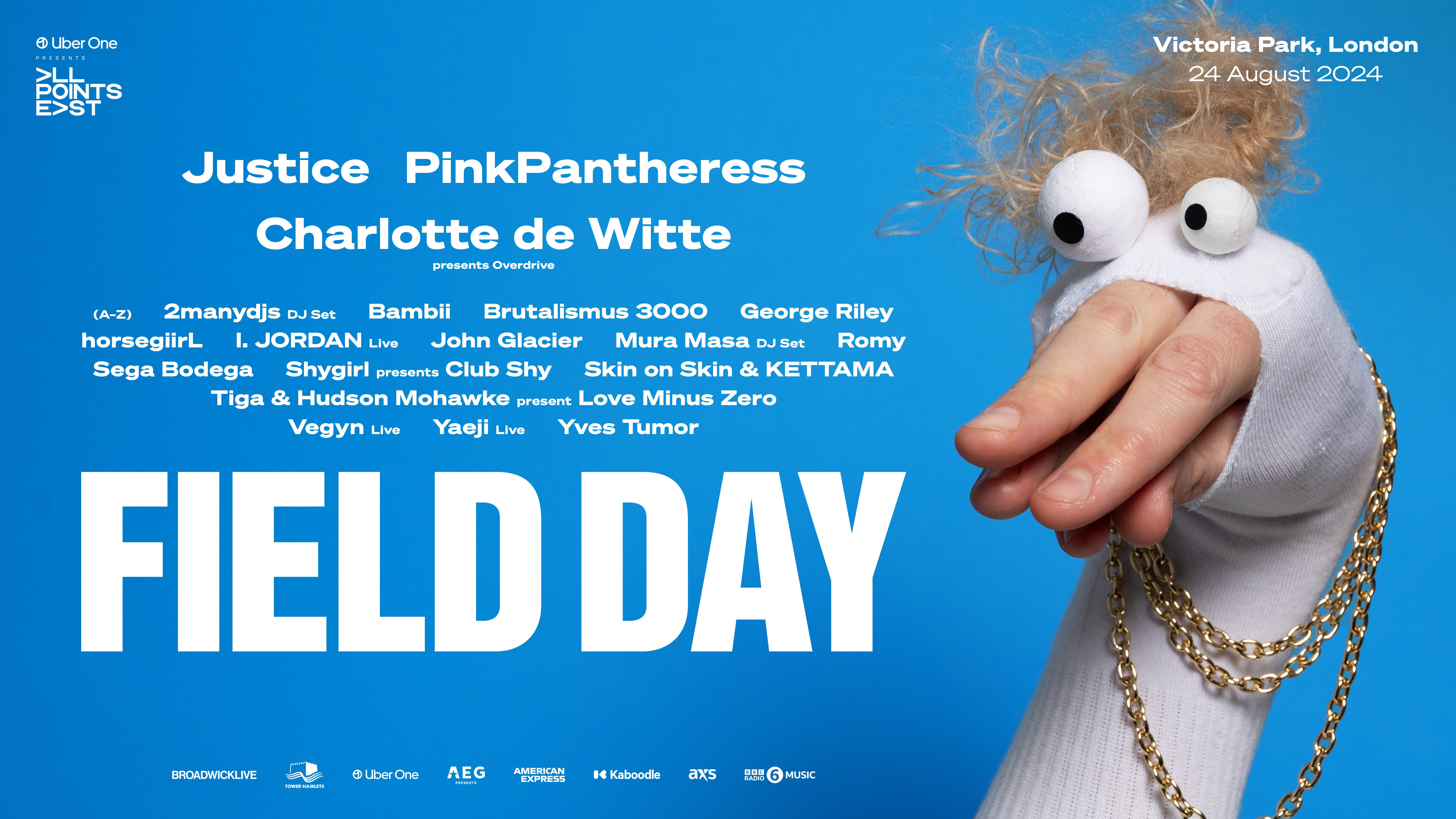 Field Day 2024 with Justice, PinkPantheress, Charlotte de Witte, horsegiirL, Yaeji, Yves Tumor - フライヤー表
