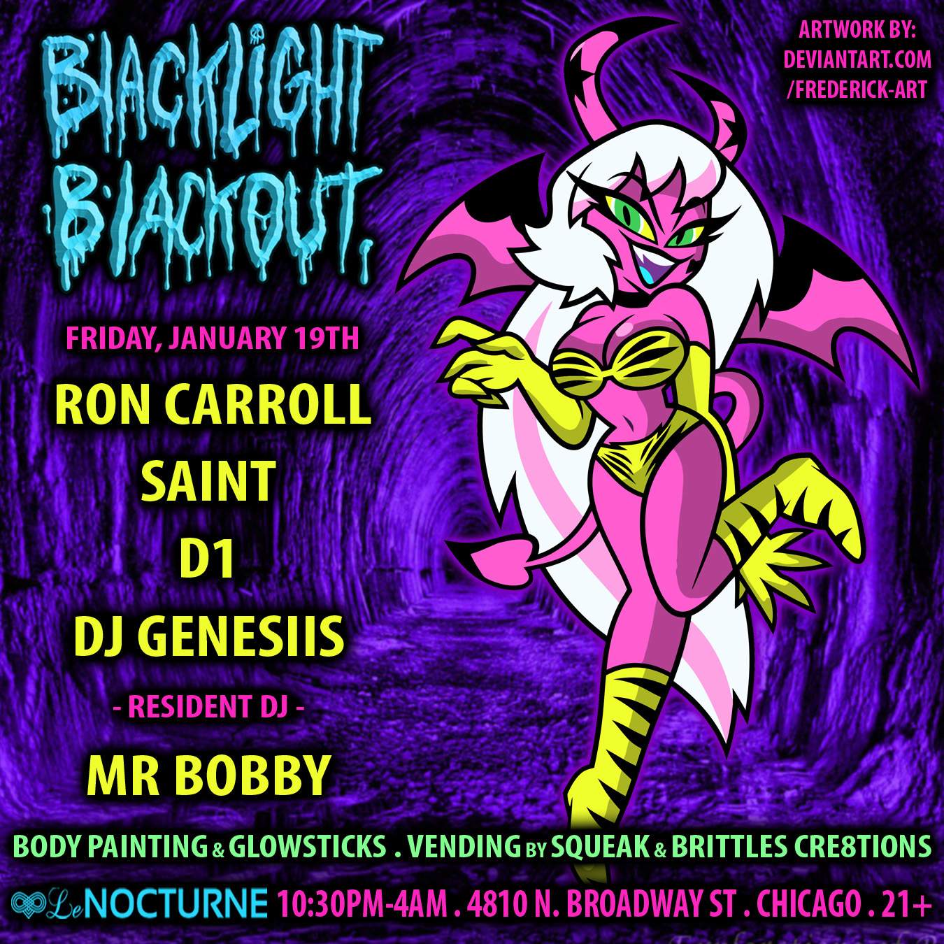 Blacklight Blackout feat. Ron Carroll, Mr Bobby b2b Mega Mike, Saint, D1, and DJ Genesiis - フライヤー表