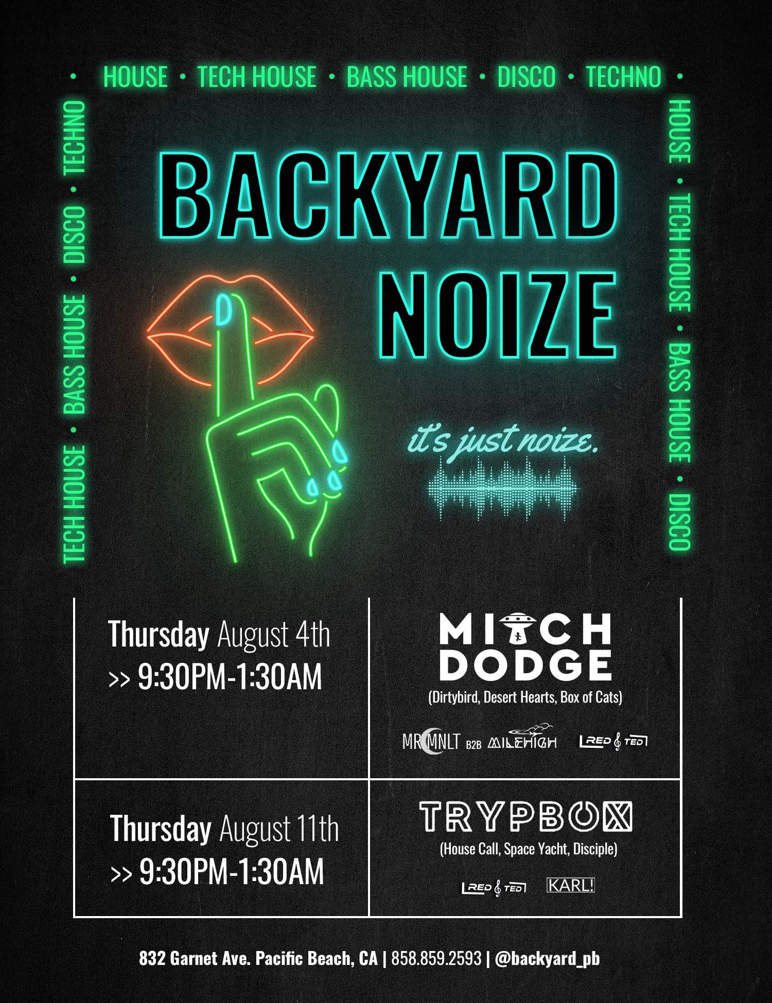 BACKYARD NOIZE with Mitch Dodge, MR.MNLT b2b MileHigh, RED & TED (pres. by it's just noize.) - Página frontal