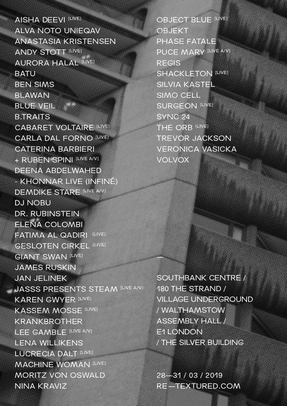 Re-Textured | Aurora Halal, DJ Nobu, Karen Gwyer, Kassem Mosse, Lena Willikens, Objekt & More - Flyer back