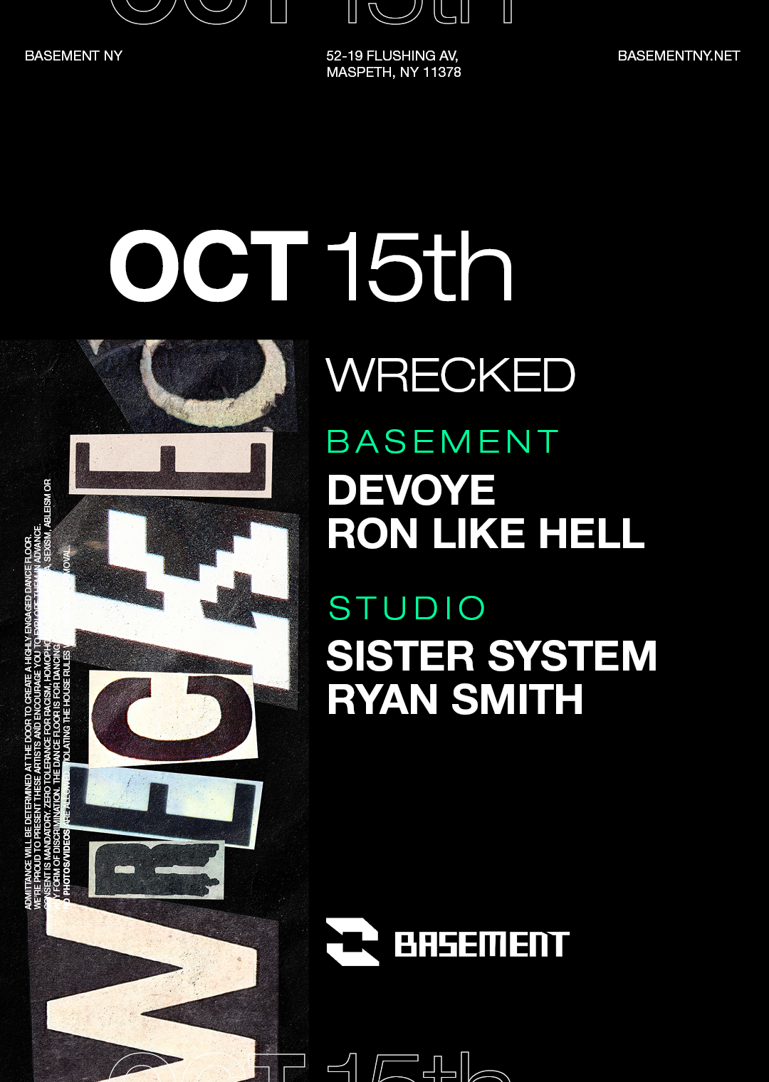 Wrecked: Devoye / Ron Like Hell / Sister System / Ryan Smith - Flyer front