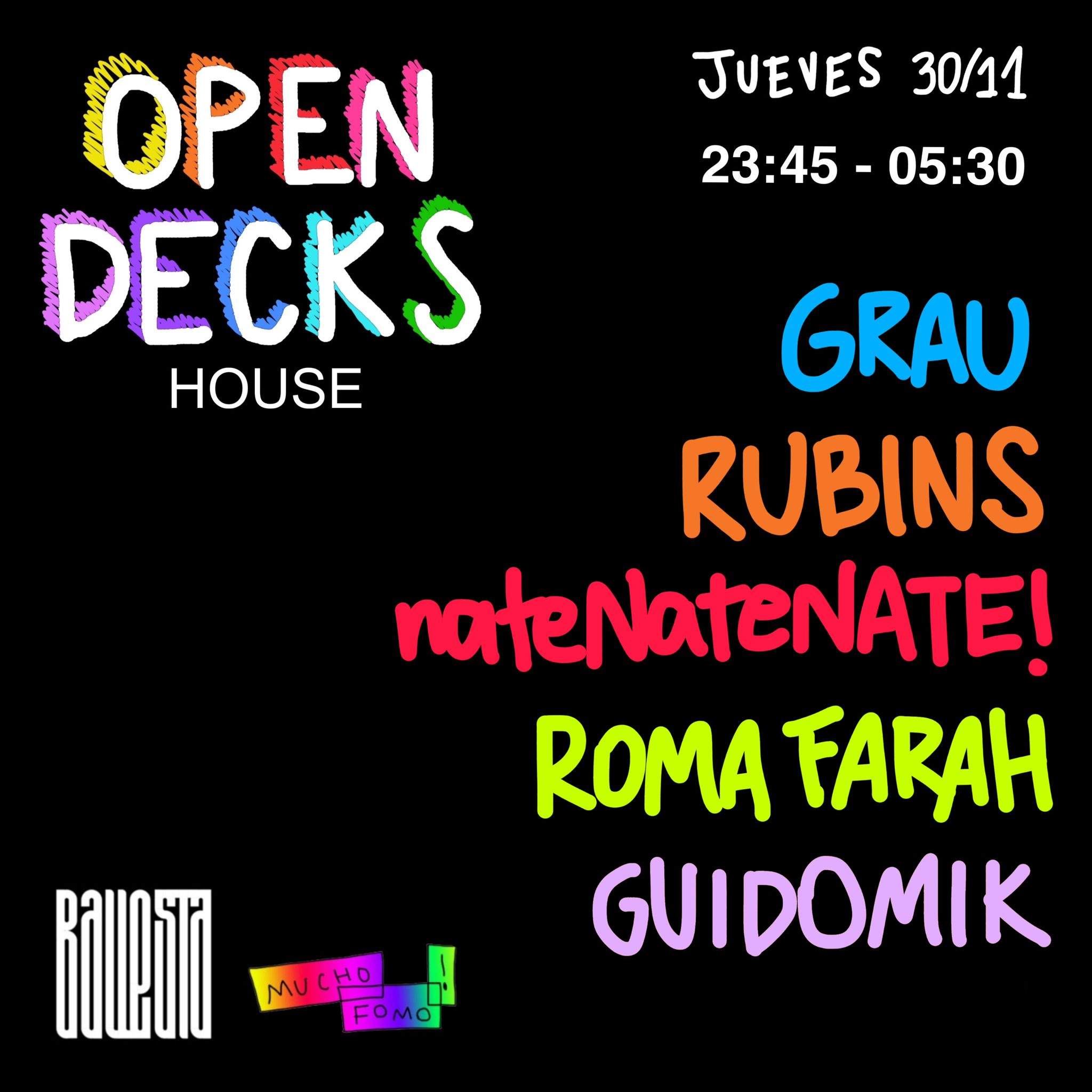 MUCHO FOMO Open Decks: Grau + Guidomik + nateNateNATE! + Roma Farah + Rubins - Página frontal