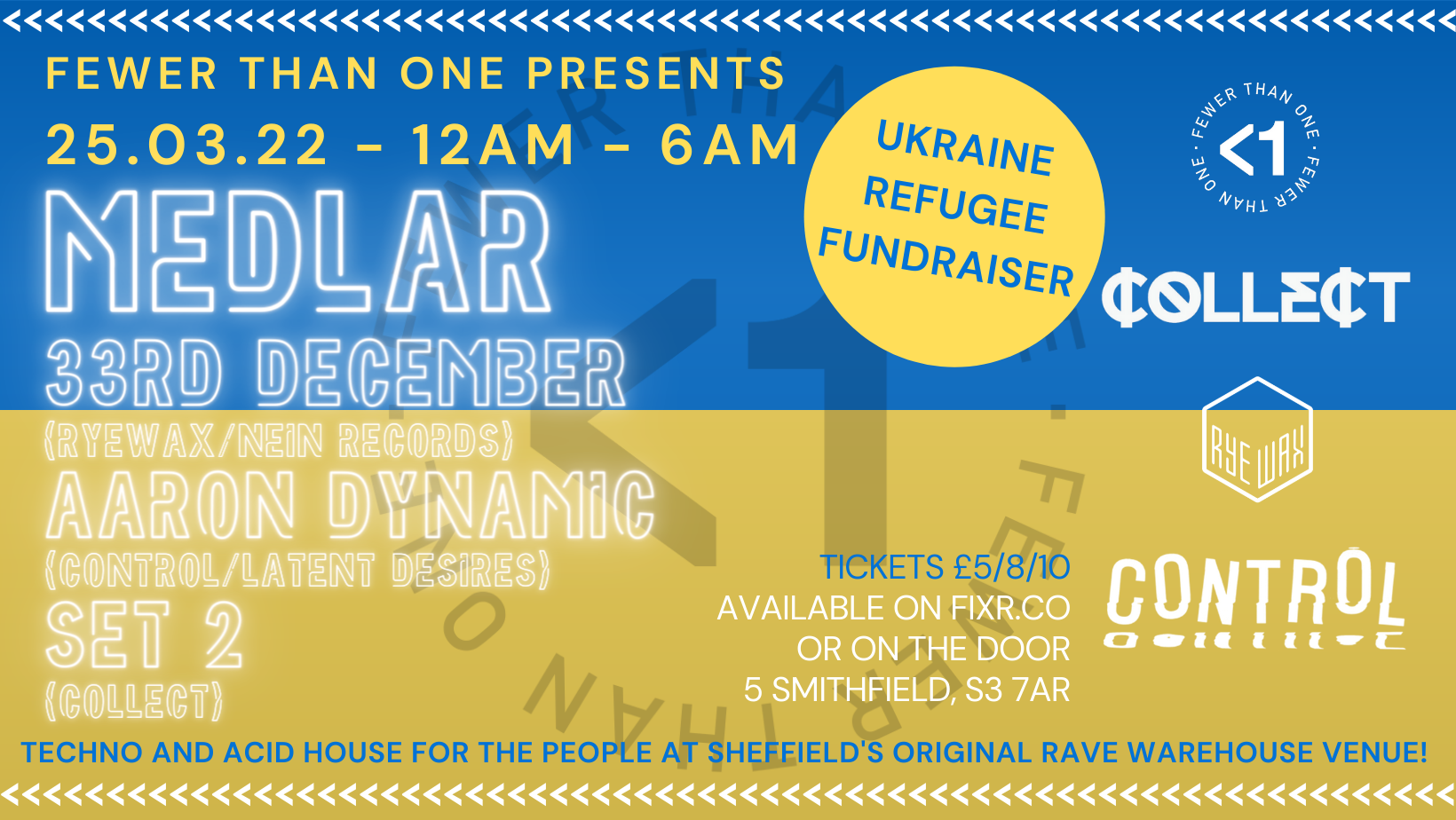 FTO presents A Ukraine Refugee Fundraiser - Medlar, 33rd December, Aaron Dynamic, Manerva - Página frontal
