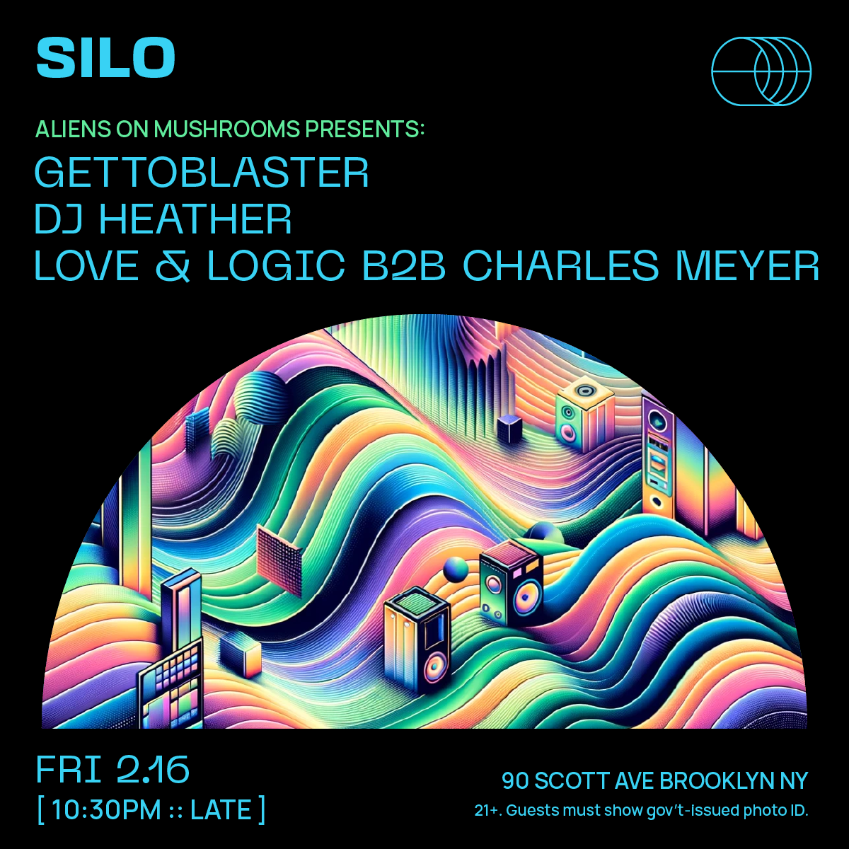 Aliens On Mushrooms presents Gettoblaster, DJ Heather, Love & Logic b2b Charles Meyer - Página frontal
