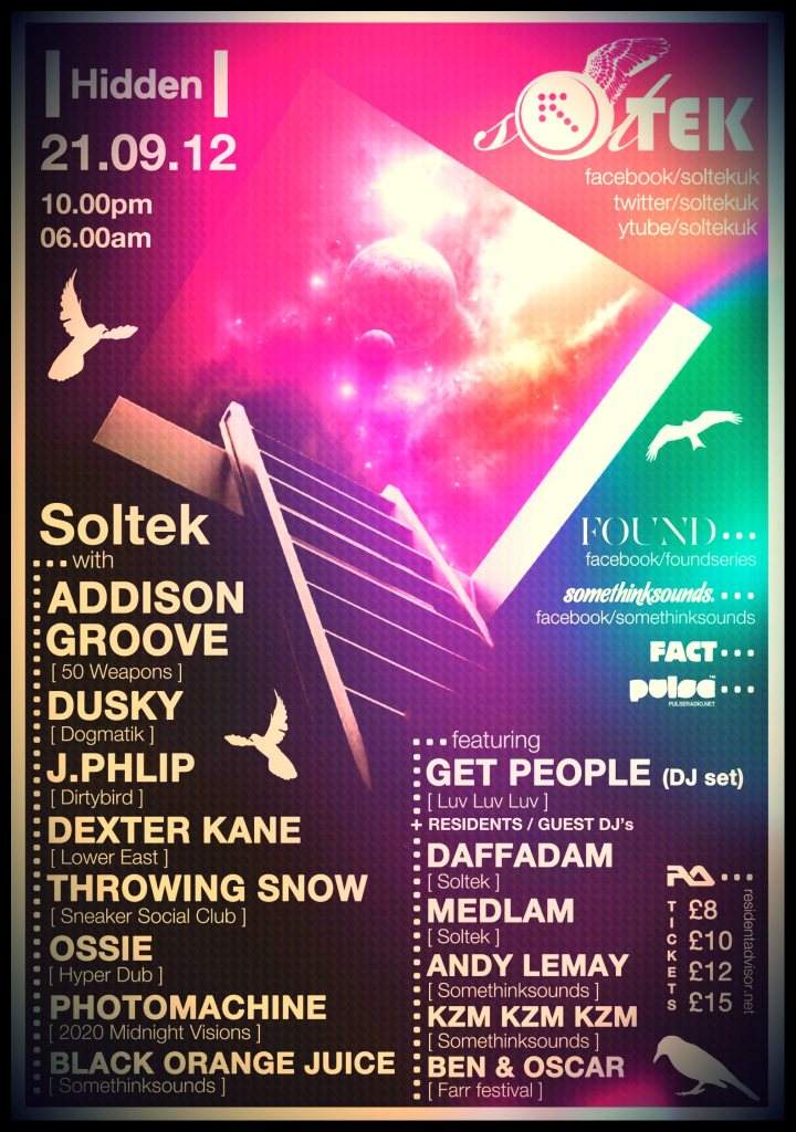 Found: Soltek with Addison Groove, Dusky, J.Phlip, Throwing Snow, Somethinksounds - フライヤー表