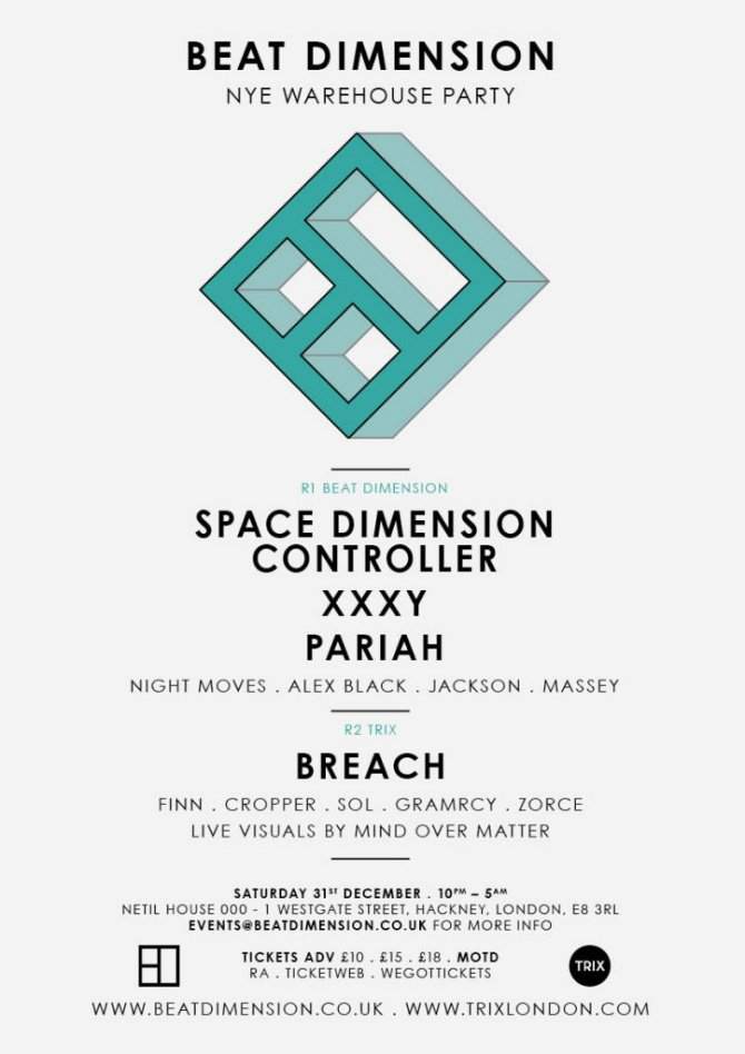 Beat Dimension Nye Warehouse Party - Space Dimension Controller, Xxxy, Pariah & Breach - Página frontal
