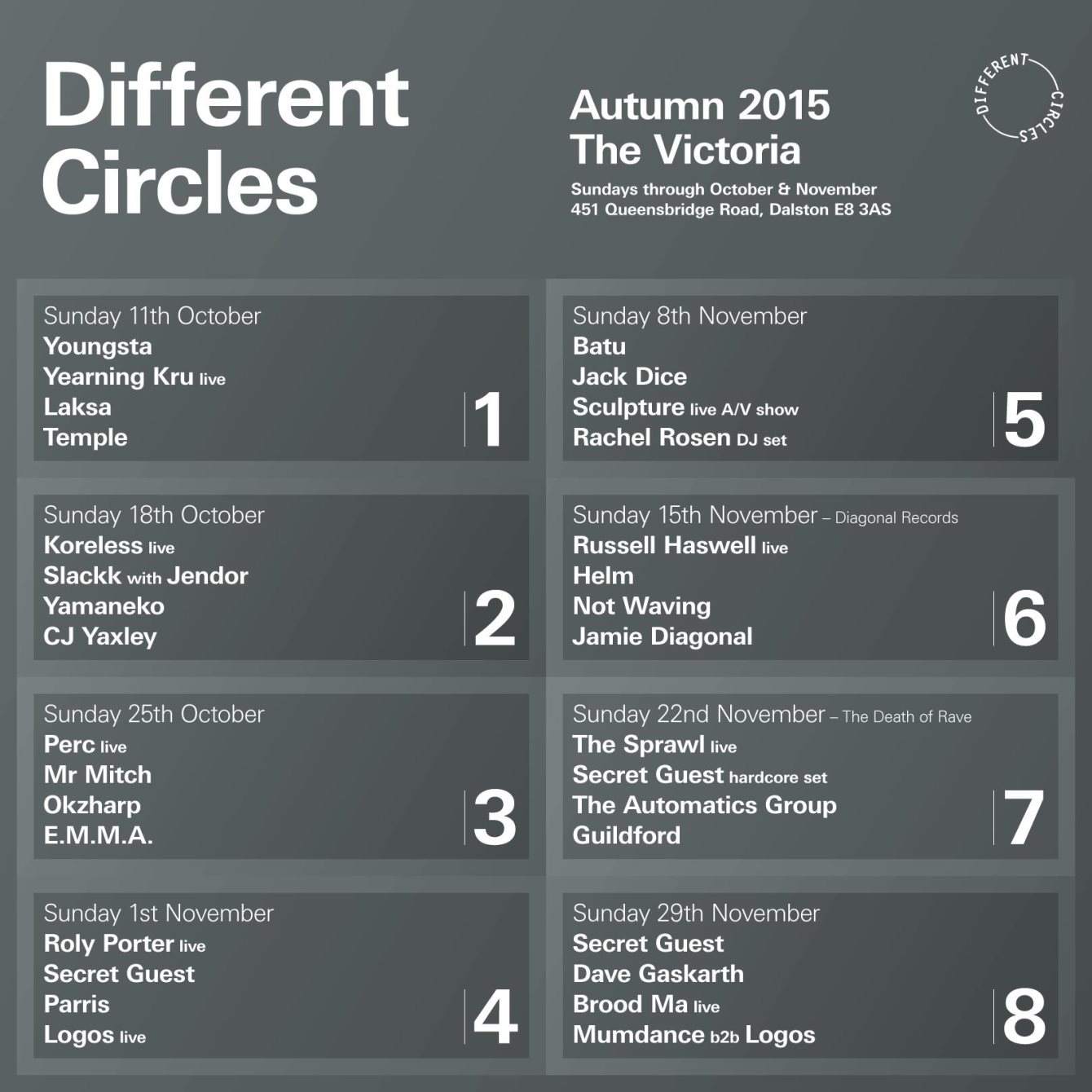 Different Circles Autumn Series with Dave Gaskarth, Brood Ma & Mumdance b2b Logos - Página frontal