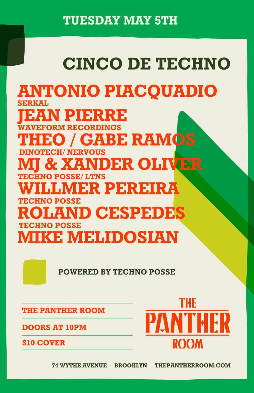 Cinco DE Techno - Antonio Piacquadio/ Jean Pierre/ Theo & Gabe Ramos/ MJ & Xander Oliver - フライヤー表