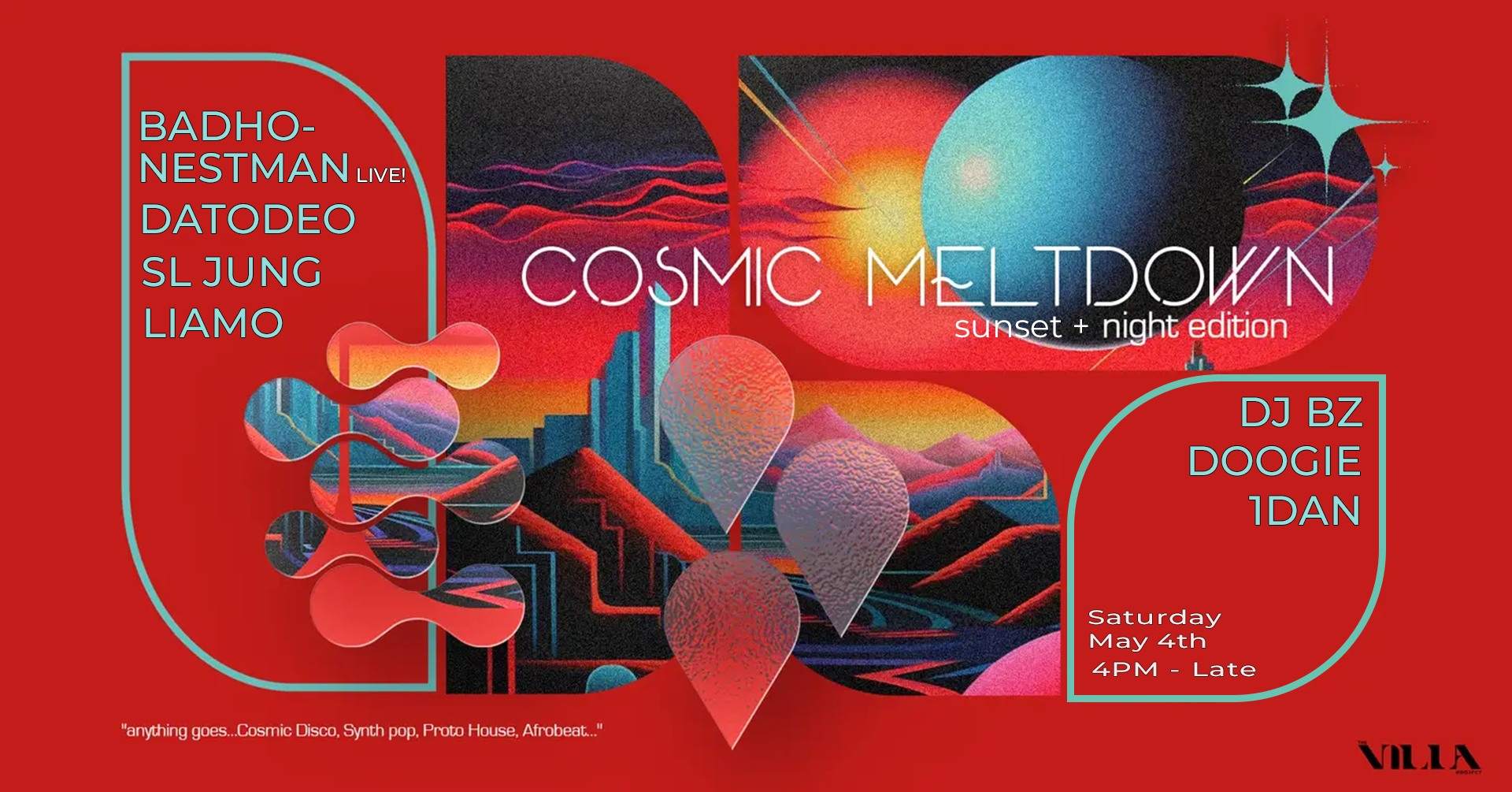 Cosmic Meltdown: Badhonestman (live), Datodeo, DJ Bz & Doogi, 1DAN - Página frontal