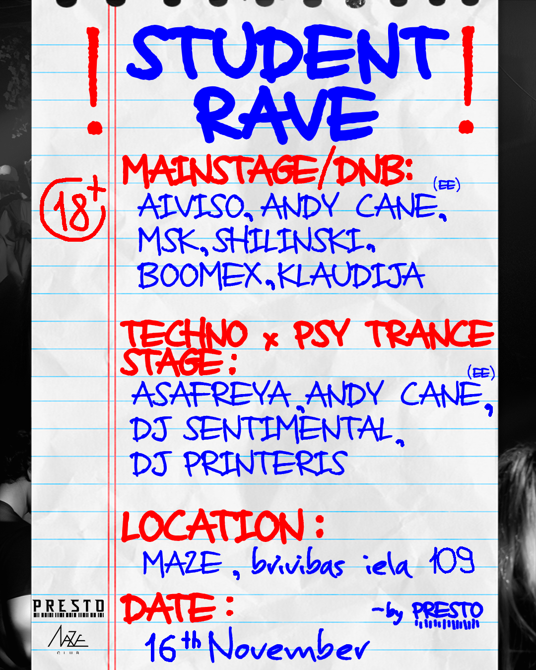 PRESTO STUDENT RAVE bij Maze, Riga