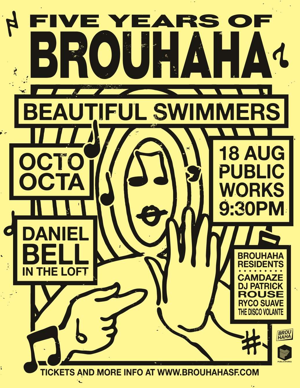 Brouhaha 5-Year: Octo Octa, Beautiful Swimmers, Daniel Bell - フライヤー表
