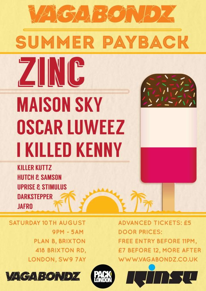 Vagabondz Summer Payback Party: Zinc / Maison SKY / I Killed Kenny / Oscar Luweez - フライヤー裏