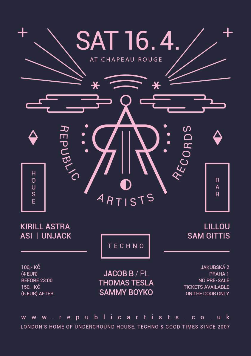Republic Artists: Jacob B (PL), Thomas Tesla, Kirill Astra, Asi, Unjack over 3 floors - フライヤー裏