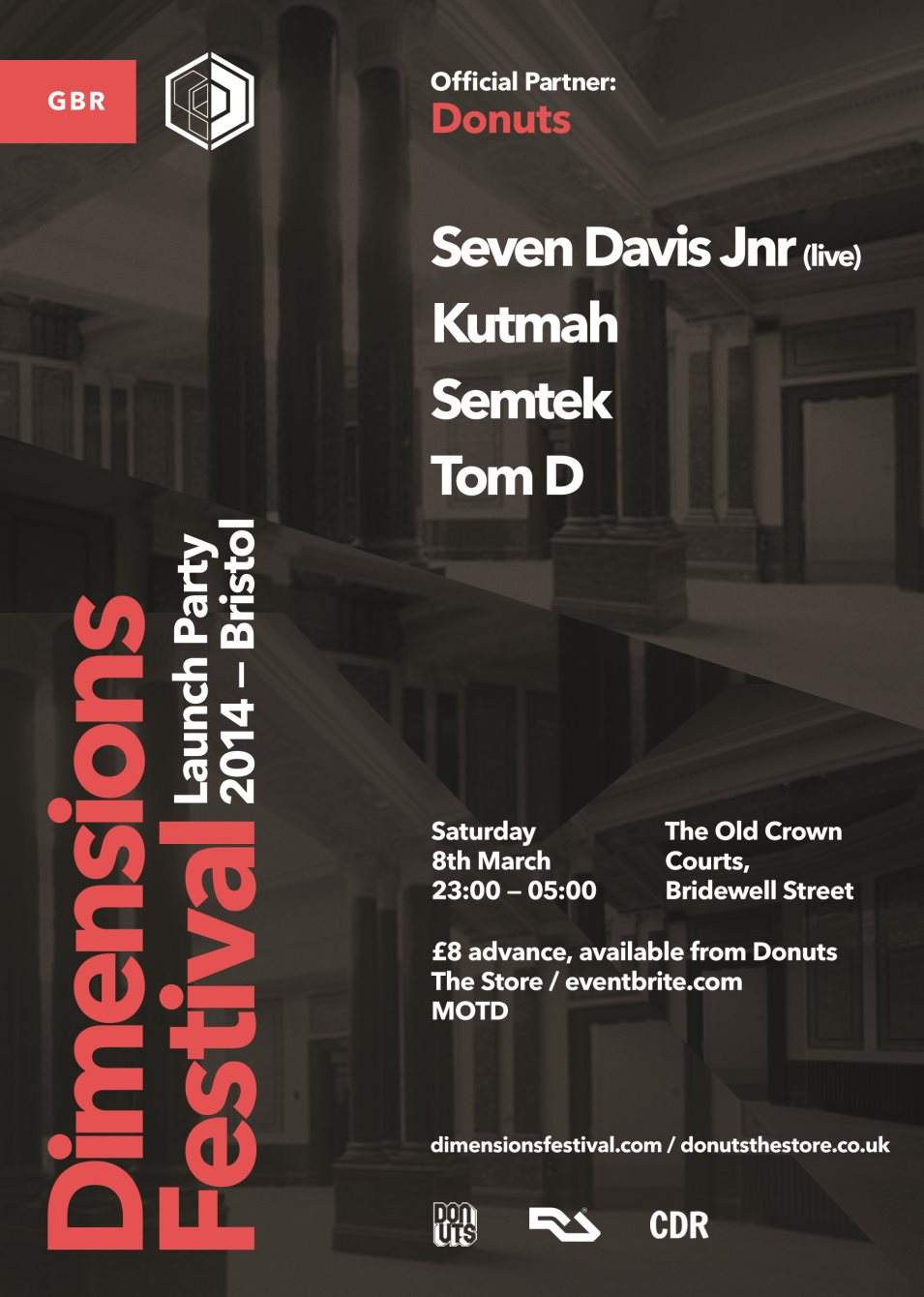Donuts presents: Dimensions Festival 2014 Launch Party - Seven Davis JR., Kutmah, Semtek - フライヤー表