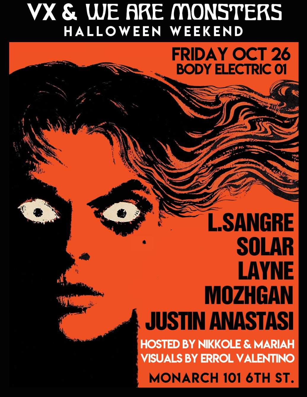 Body Electric 01: Halloween Weekend with L.Sangre, Solar, Mozhgan, Layne, Justin Anastasi - Página frontal