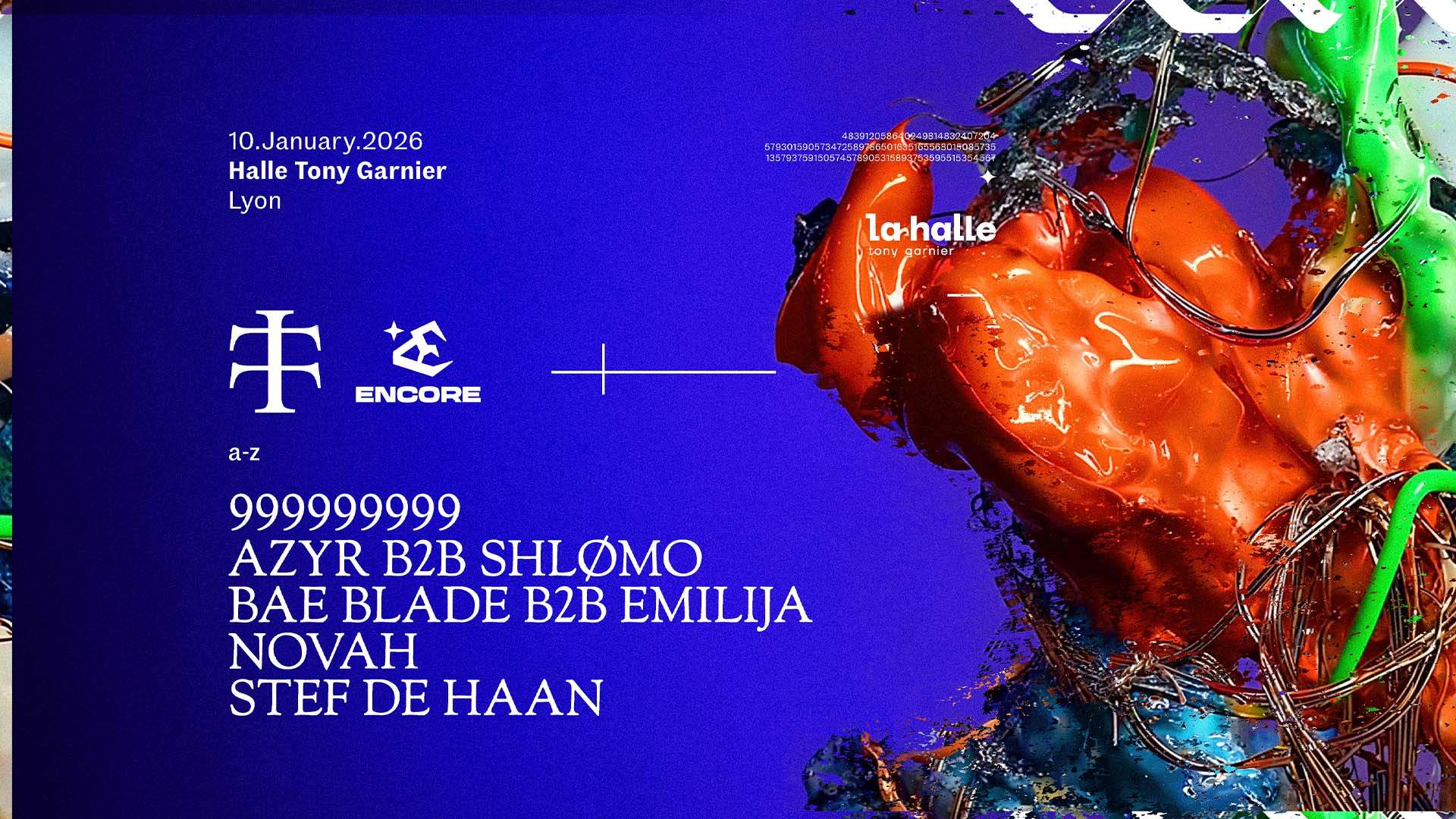 Teletech x Encore : 999999999, Shlømo b2b Azyr, NOVAH, EMILIJA b2b Bae Blade, Stef de Haan - Verso du flyer