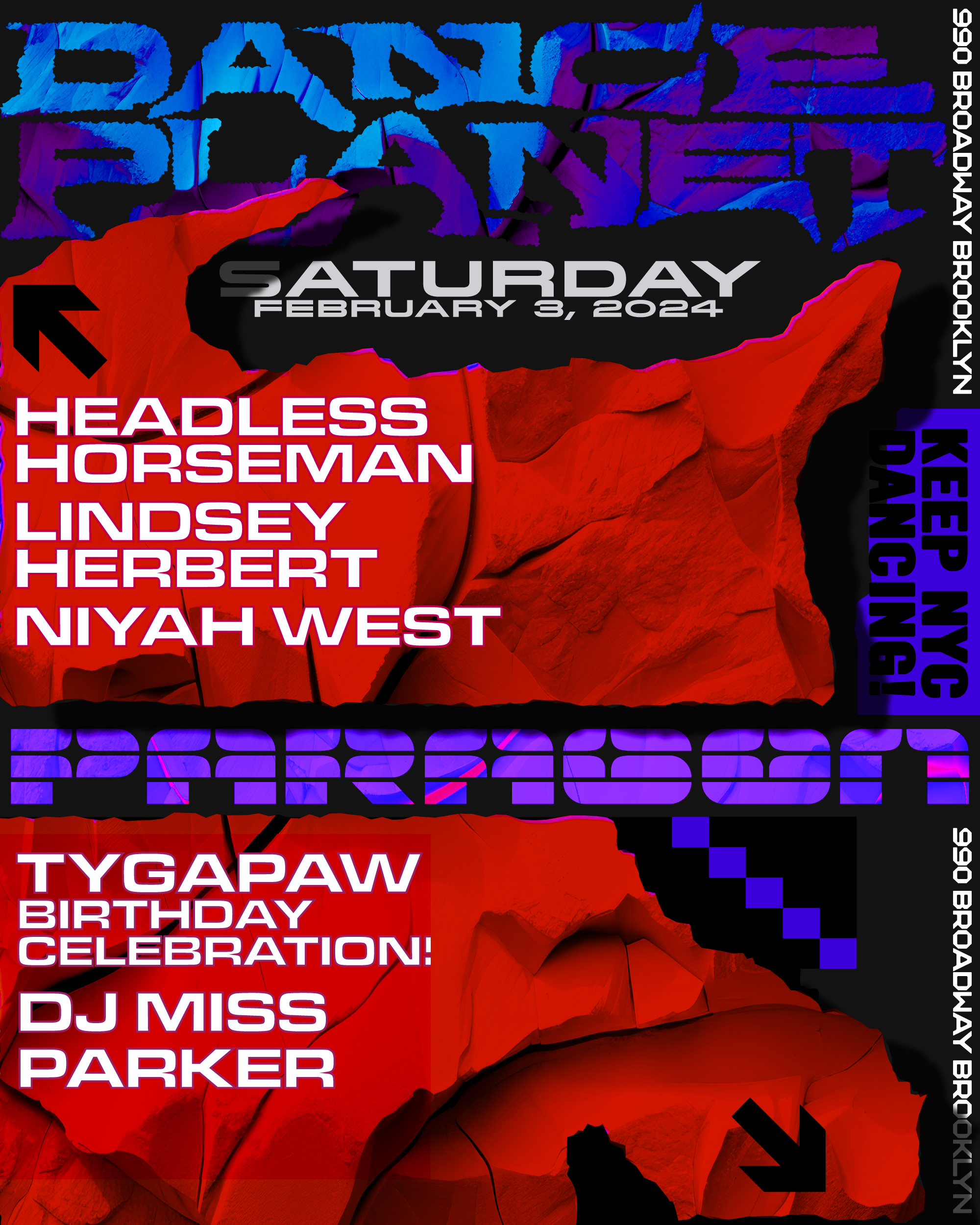 Dance Planet: Headless Horseman, Lindsey Herbert, Niyah West + TYGAPAW, DJ Miss Parker - Página frontal
