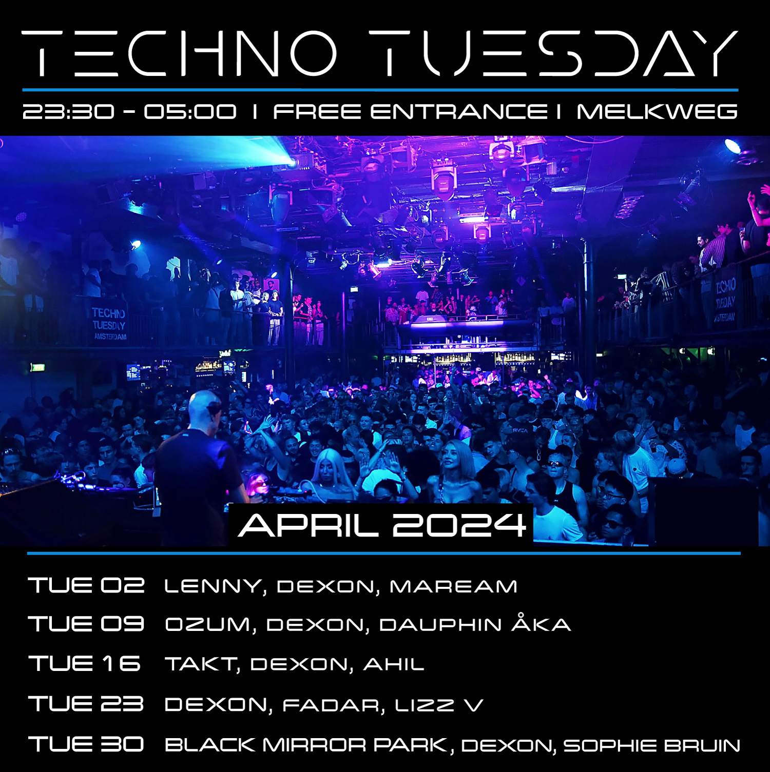 Techno Tuesday Amsterdam, Black Mirror Park, Dexon, Sophie Bruin - フライヤー裏
