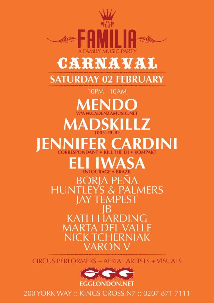 Familia Carnaval with Mendo, Madskillz, Jennifer Cardini, Eli Iwasa, Huntleys & Palmers - Página frontal