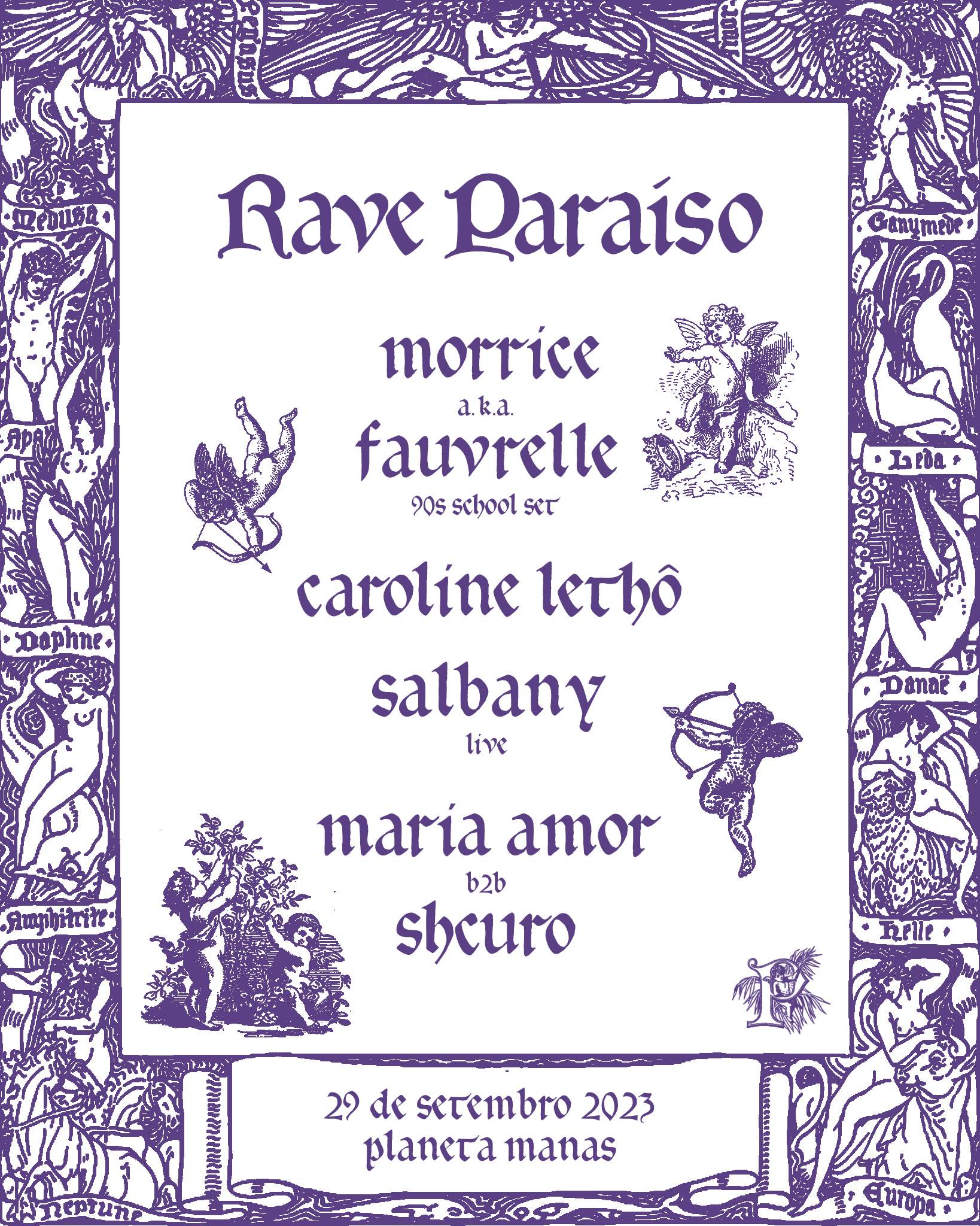 Rave Paraíso - Morrice aka Fauvrelle, Caroline Lethô, Salbany (live), Maria Amor b2b Shcuro - Página frontal