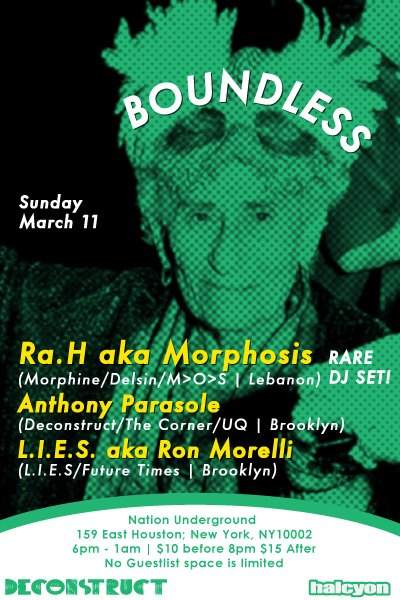 Boundless presents Morphosis Aka Ra.H + Anthony Parasole + L.I.E.S. Aka Ron Morelli 3/11 - Página frontal