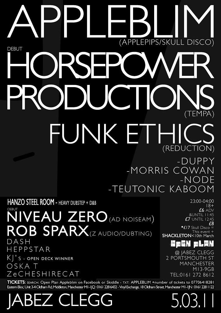 Open Plan: Appleblim, Horsepower Productions, Funk Ethics - フライヤー表
