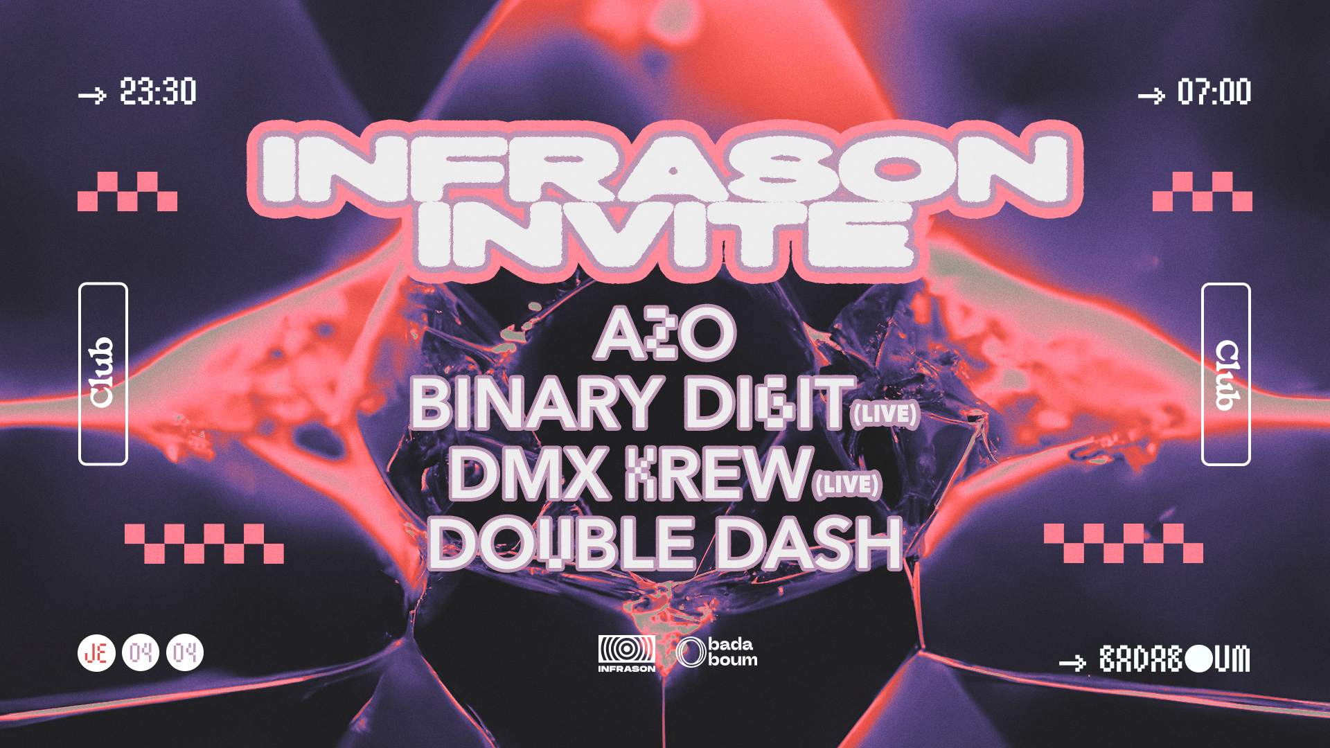 Club — Infrason invite Azo (+) Binary Digit live (+) DMX Krew live (+) Double Dash - フライヤー表