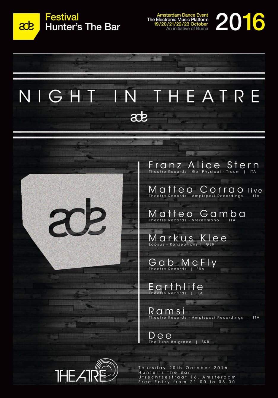 Theatre Records presents: Night In Theatre - ADE - フライヤー表