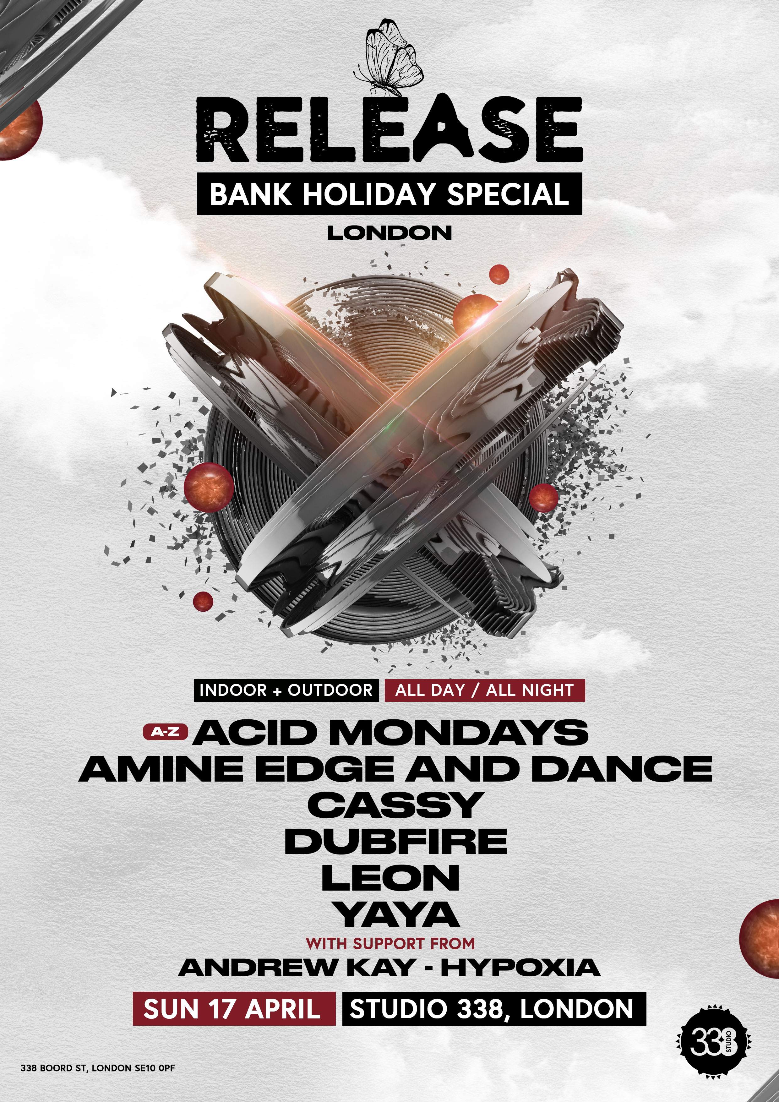 Release - Bank Holiday (Indoor + Outdoor) w/ Dubfire, Amine Edge & DANCE, Cassy, Leon, Yaya  - フライヤー表