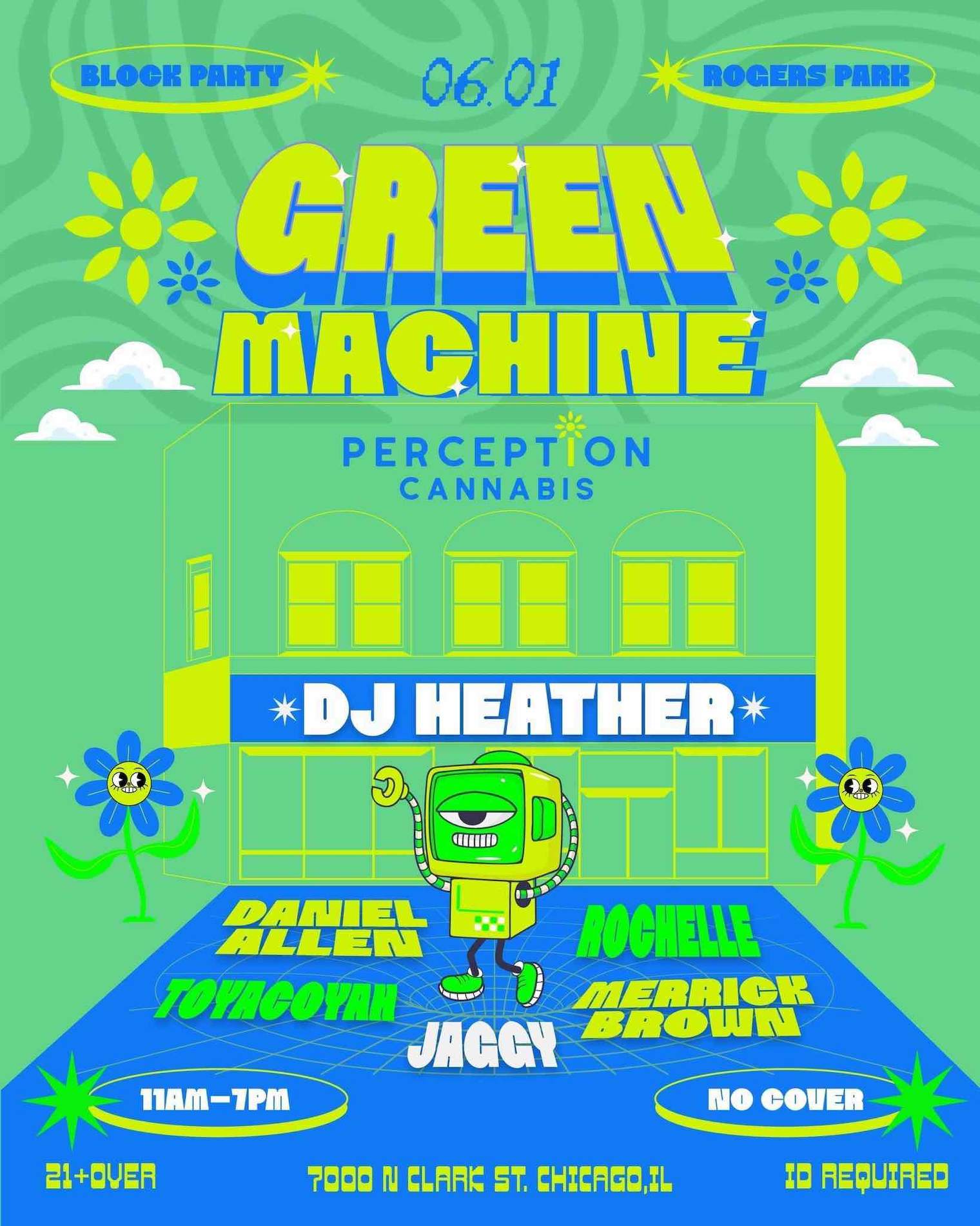 Green Machine Block Party w/ DJ Heather + More! Sponsored by Perception Cannabis. - Página frontal