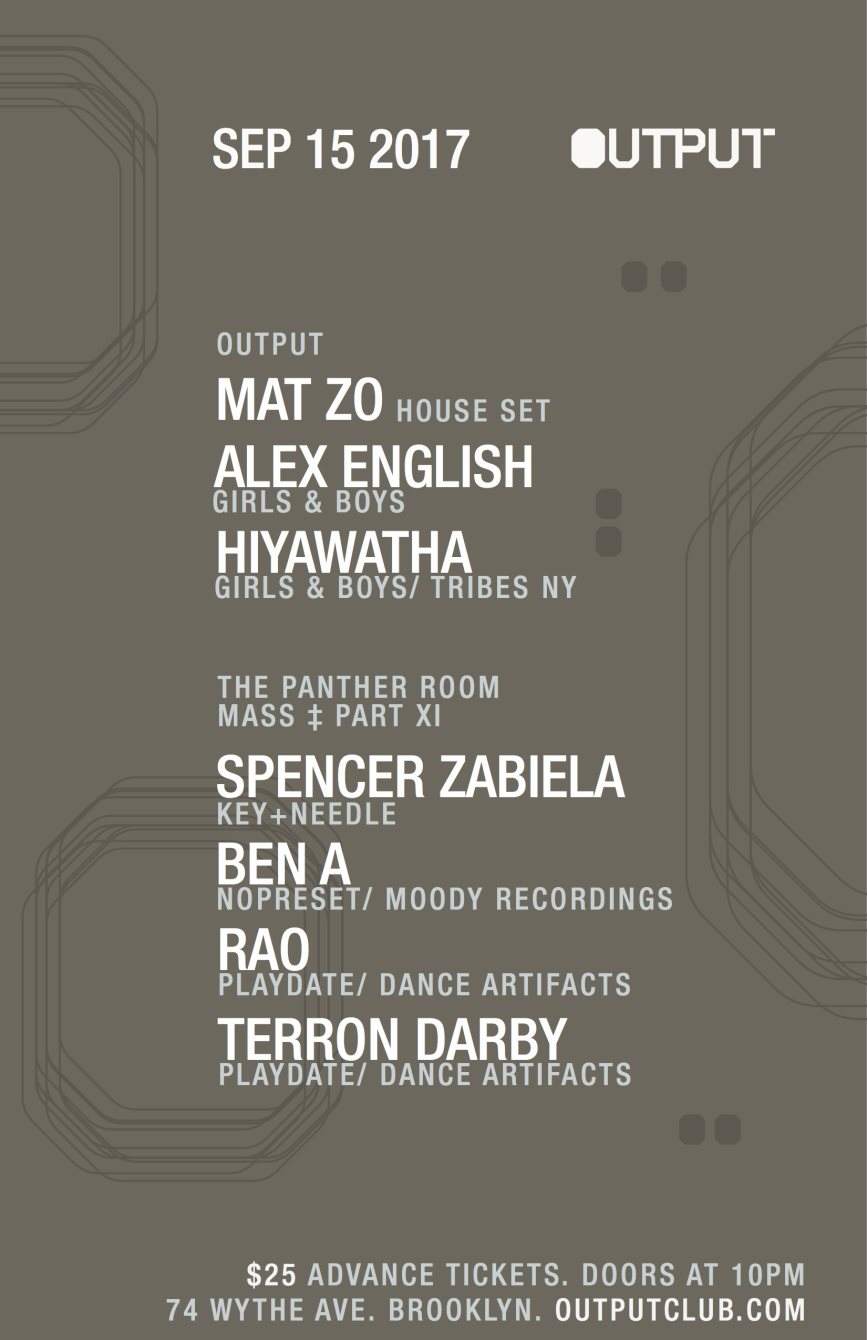 Mat Zo (House Set)/ Alex English/ Hiyawatha at Output and Mass ‡ Part XI in The Panther Room - Página frontal