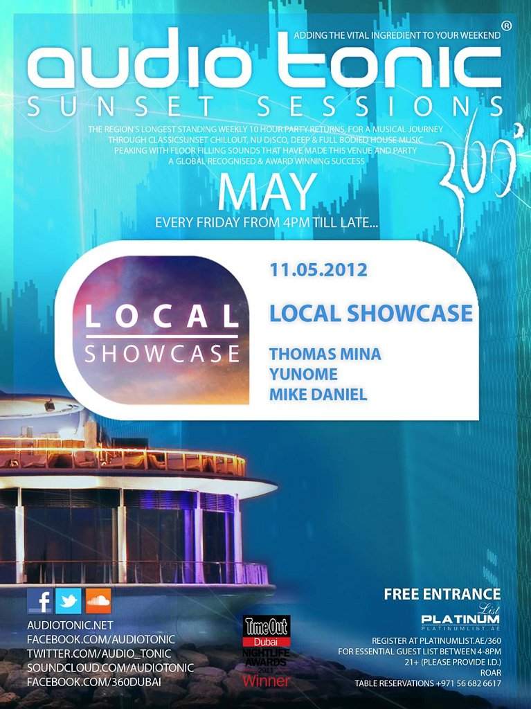Audio Tonic 'Sunset Sessions' Local Showcase with Mike Daniel, Yunome & Thomas Mina - Página frontal