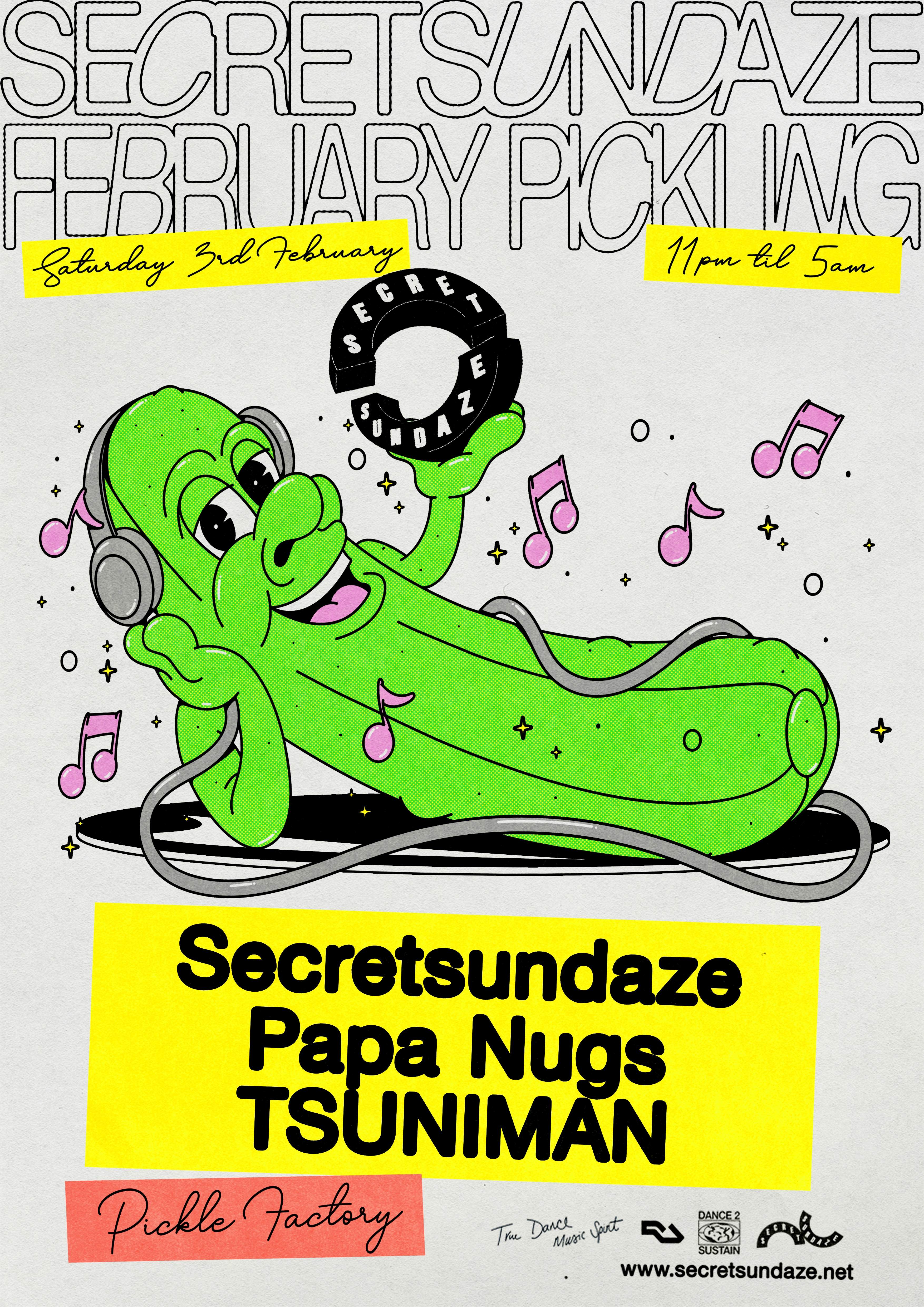 Secretsundaze presents: February Pickling w/ Secretsundaze, Papa Nugs & TSUNIMAN - フライヤー表