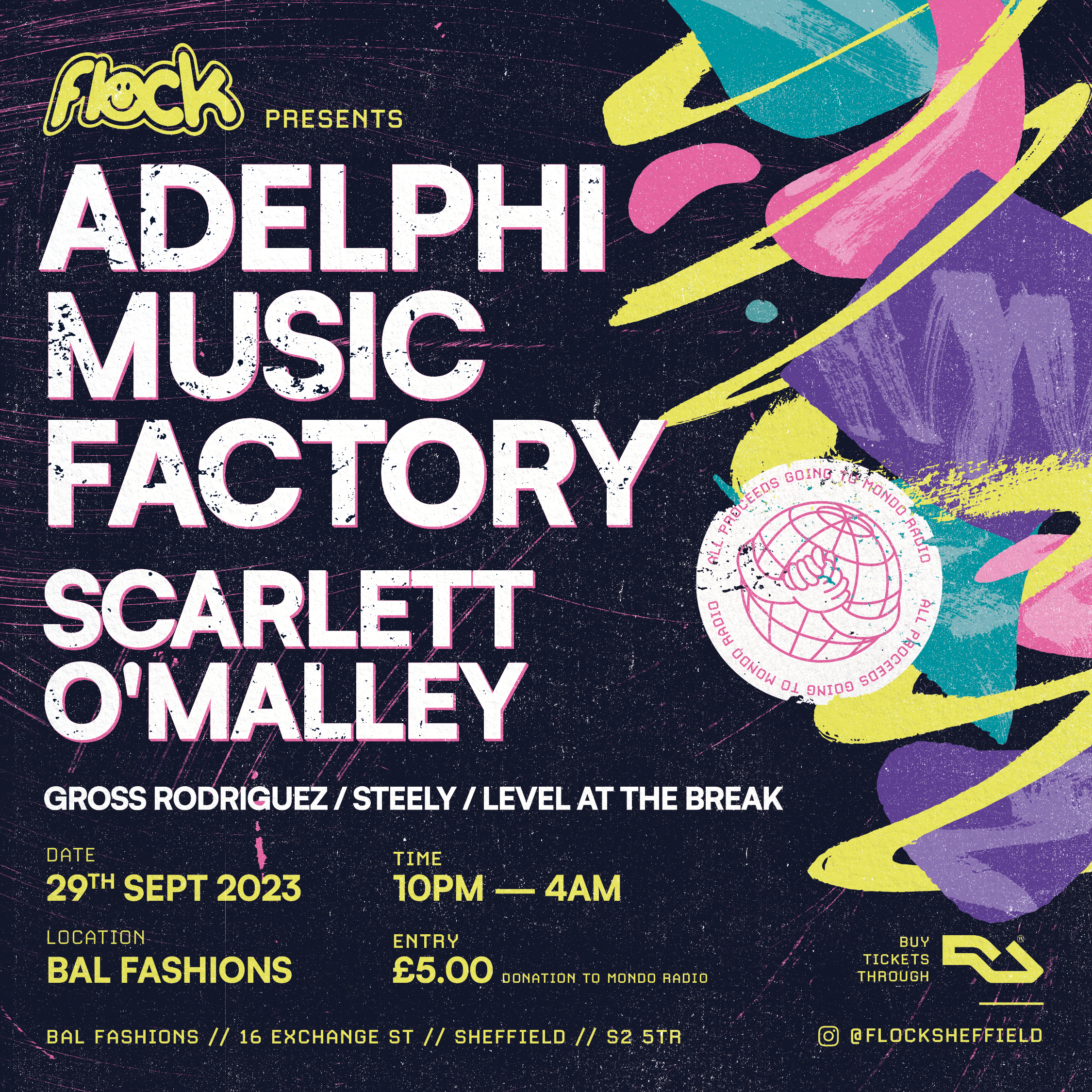 Flock presents: Adelphi Music Factory + Scarlett O'Malley + Level At The Break + Residents - Página frontal