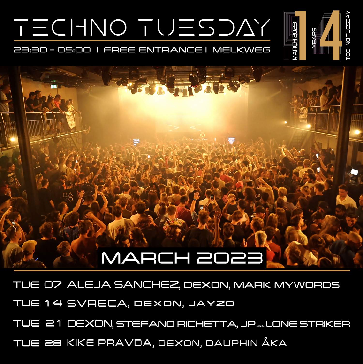 Techno Tuesday Amsterdam, '14 Year Anniversary' - Aleja Sanchez, Dexon, Mark Mywords - フライヤー裏